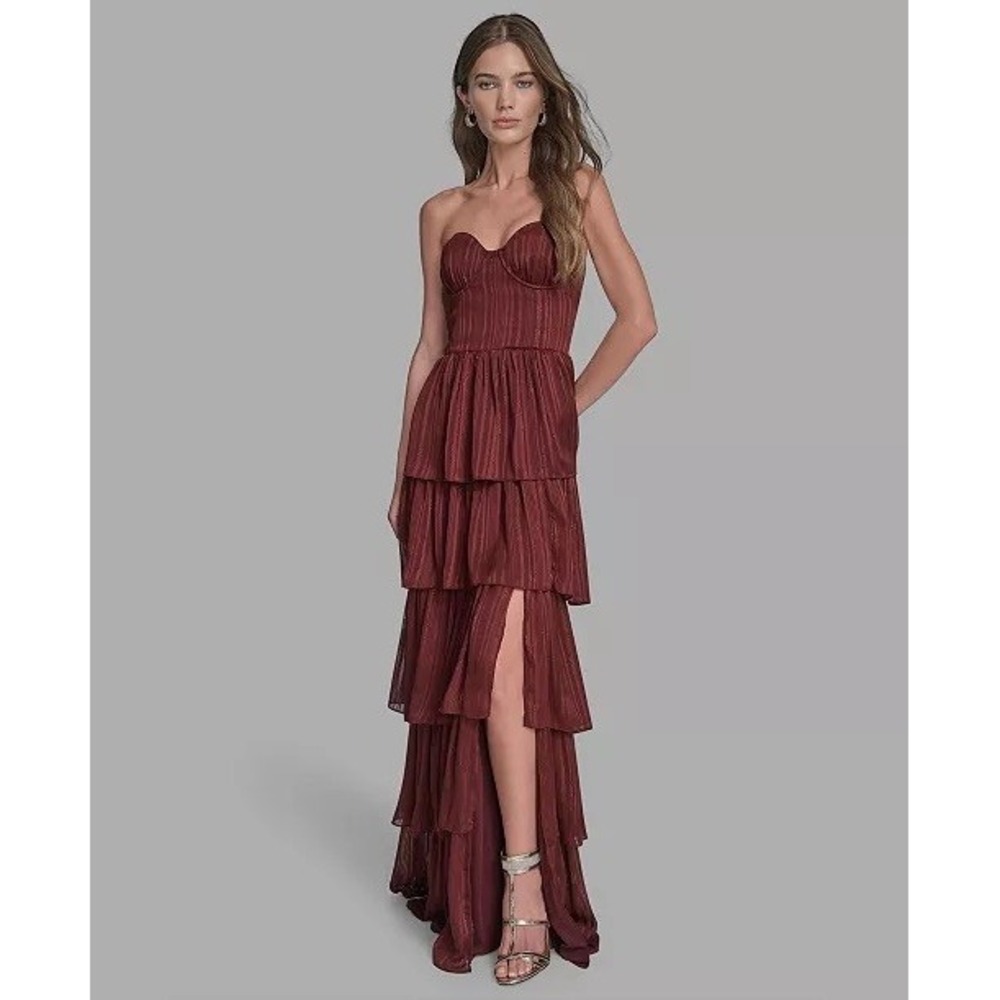 NWT BCBG Tiered Maxi Dress Womens Burgundy Ruffle Strapless Slit 10 $199